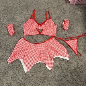 Red Gingham Lingerie Set with Skirt rave set 1x